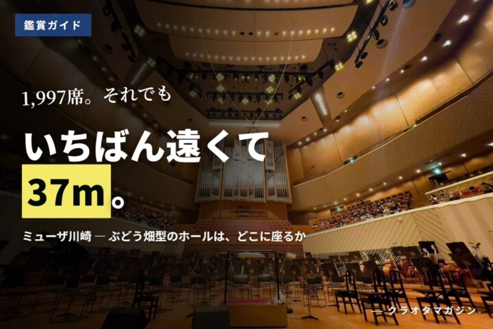 ミューザ川崎シンフォニーホールの客席内観写真に、「いちばん遠くて37m。」の見出しを重ねたアイキャッチ。らせん状に積まれた客席ブロックとステージが写っている