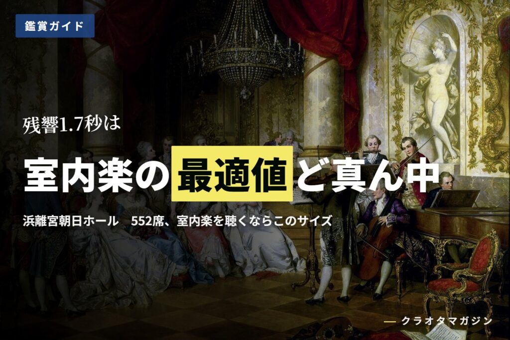広間で弦楽器と鍵盤楽器の奏者が演奏し、着飾った聴衆が間近で聴いている19世紀の絵画に、「残響1.7秒は室内楽の最適値ど真ん中」の見出しを重ねたアイキャッチ
