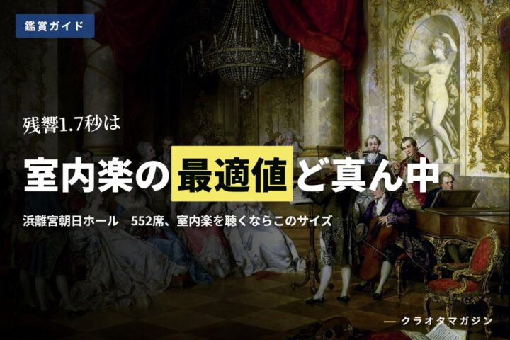 広間で弦楽器と鍵盤楽器の奏者が演奏し、着飾った聴衆が間近で聴いている19世紀の絵画に、「残響1.7秒は室内楽の最適値ど真ん中」の見出しを重ねたアイキャッチ